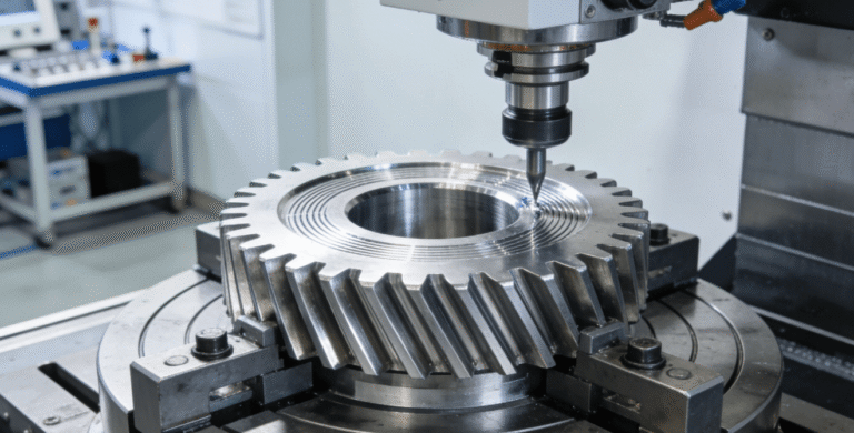 Precision custom gear machining of an aerospace component on a 5-axis CNC milling center, showcasing high-quality surface finish and advanced manufacturing capabilities.