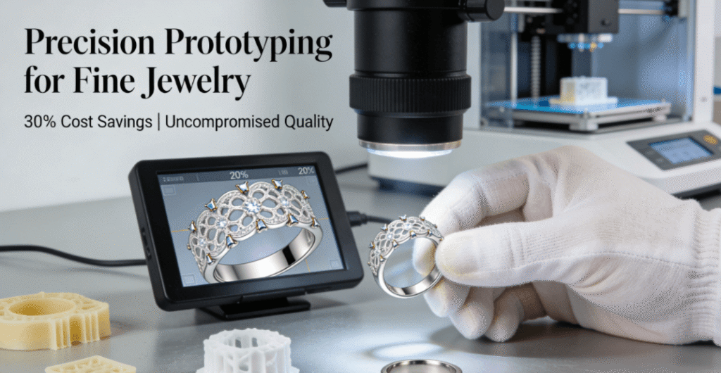 A close-up of a jeweler inspecting the microscopic details of a intricate, metal ring prototype under a digital microscope in a professional workshop, with other prototype iterations nearby.