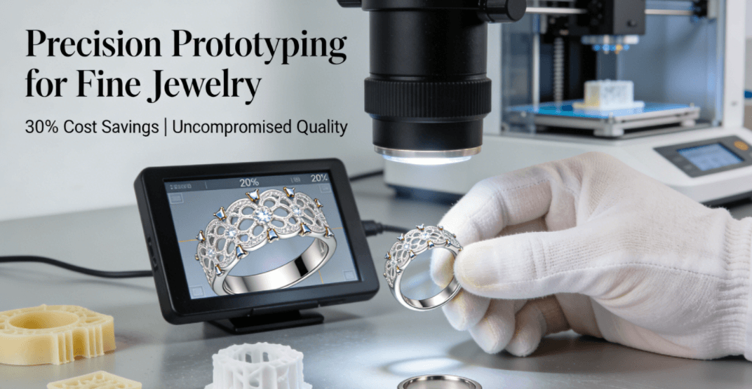 A close-up of a jeweler inspecting the microscopic details of a intricate, metal ring prototype under a digital microscope in a professional workshop, with other prototype iterations nearby.